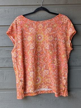 Joie 100% Linen Paisley Print Top Side Wooden Button Detail Size XL Orange